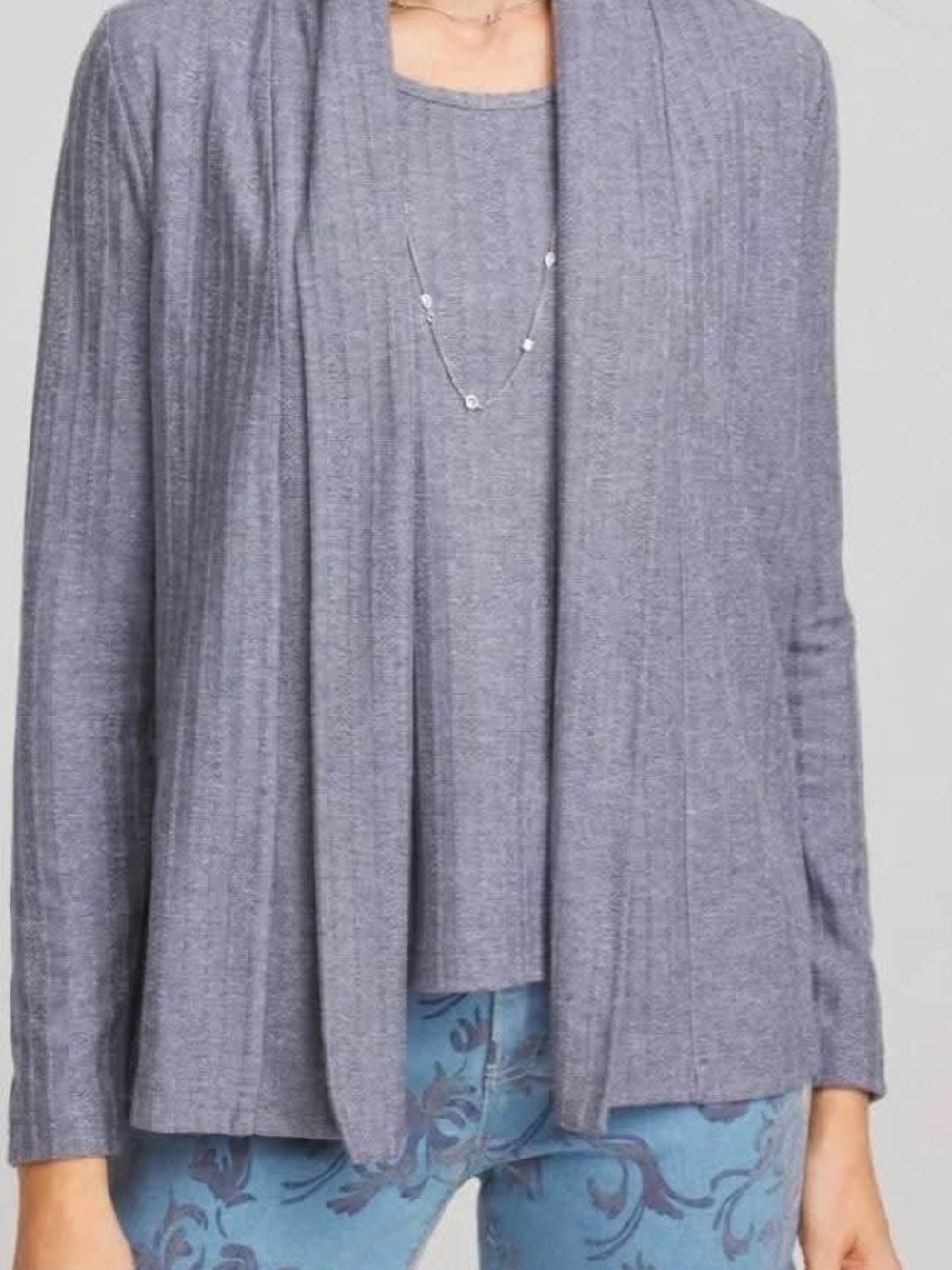 Chicos Light Blue Shimmer Open-Front Ribbed Cardigan + Sweater Tank NWT